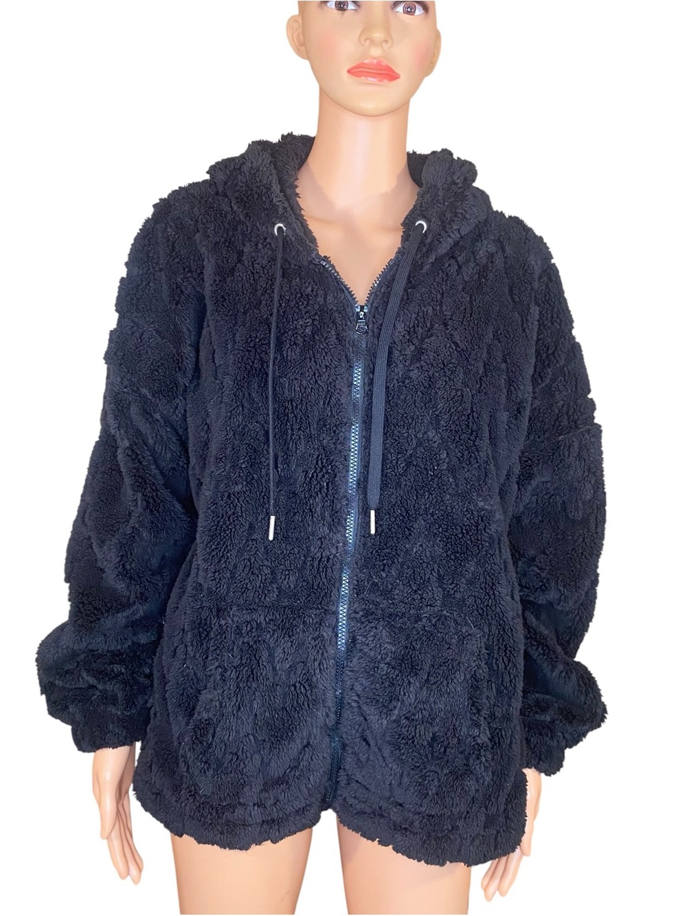 Faded Glory Teddy Jacket Plush Black Zip-Up Hoodie Cozy Soft Junoirs Size 15-17